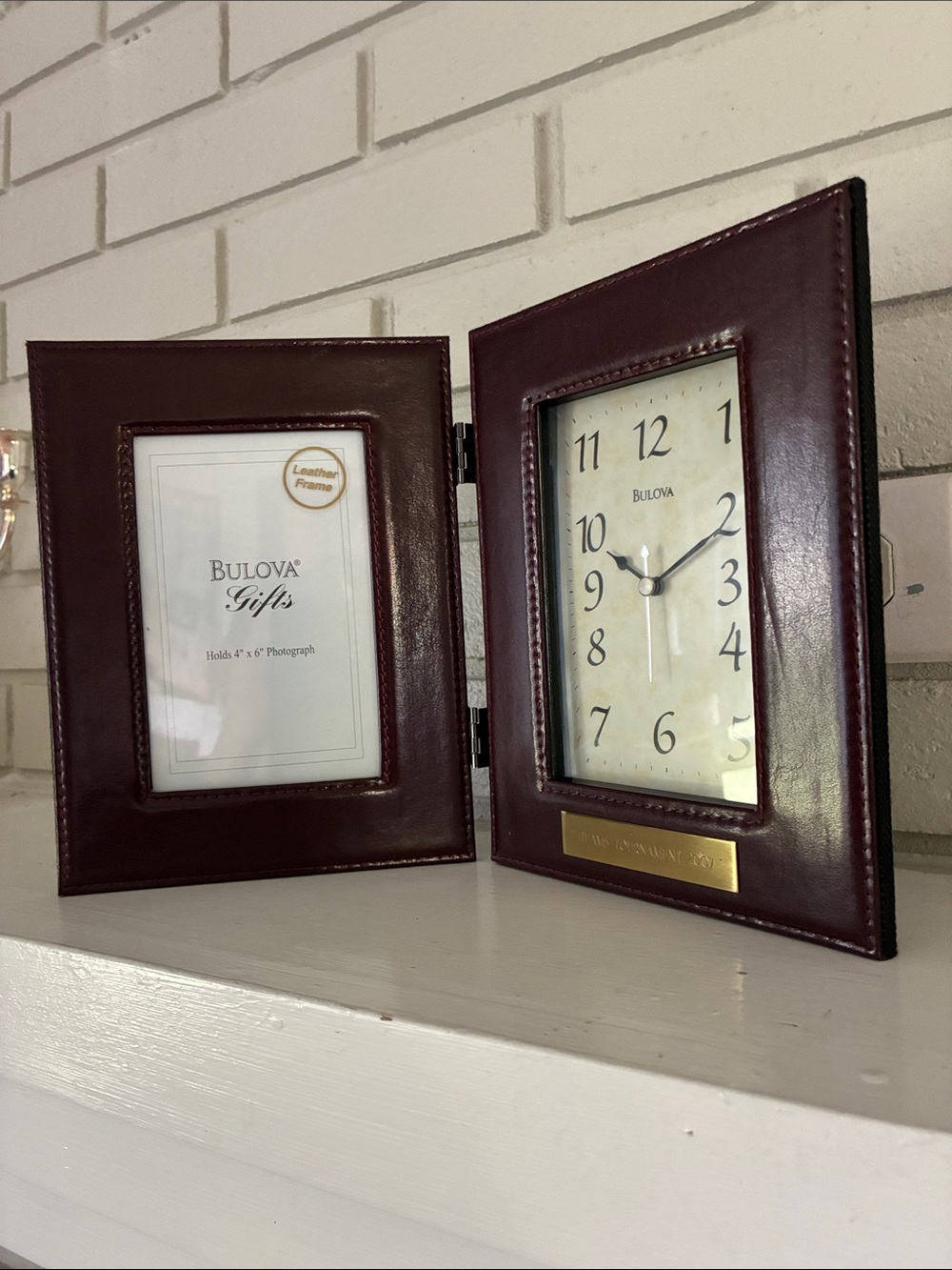 Bulova Burgundy Leather Double-Frame Desk Clock